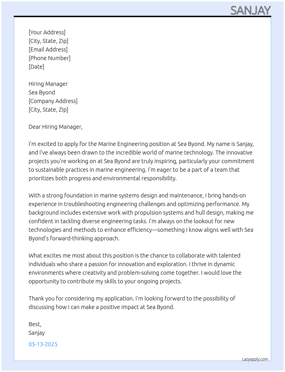 Marine engineering  At Sea byond Cover Letter