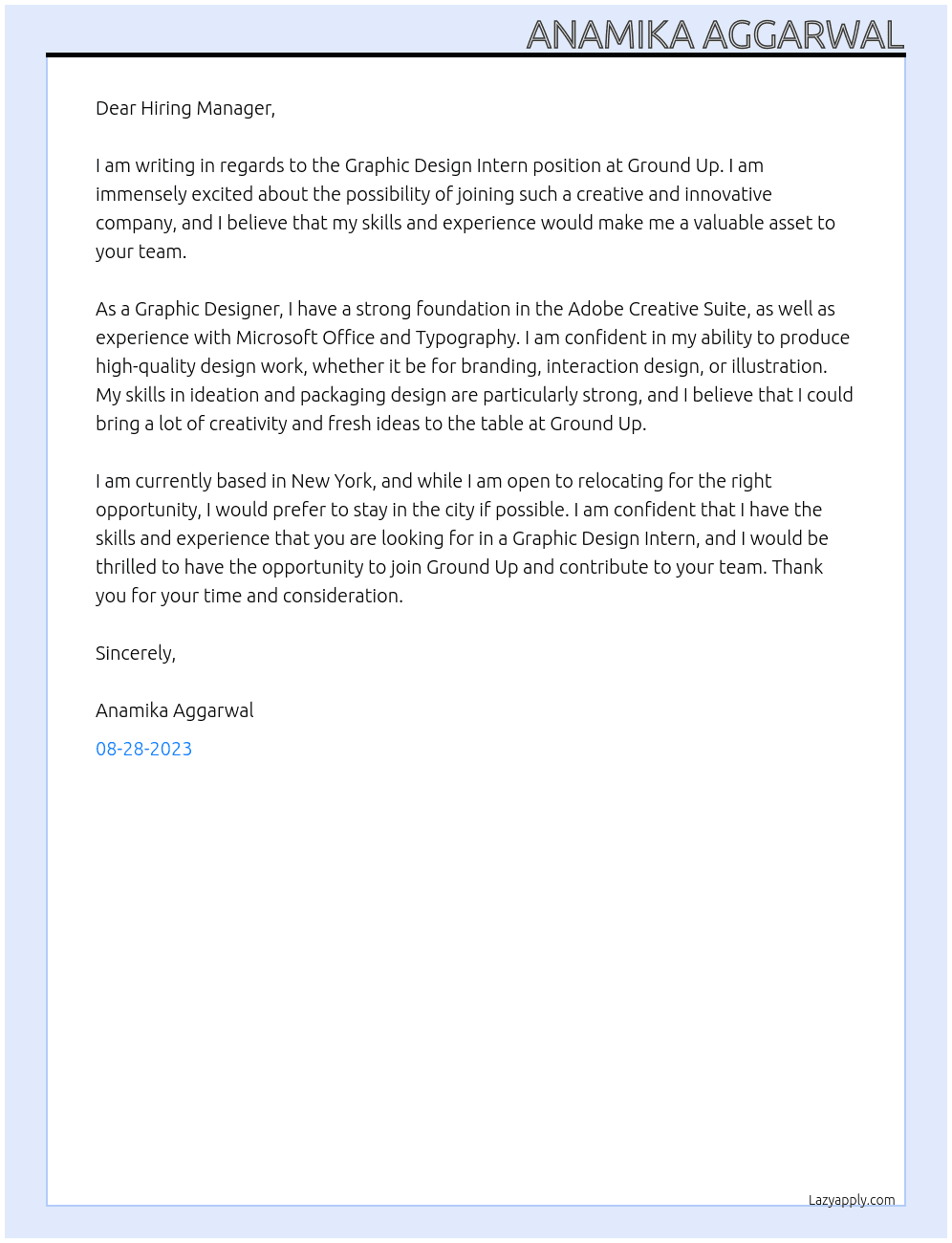 Graphic Design Intern At Ground Up Cover Letter