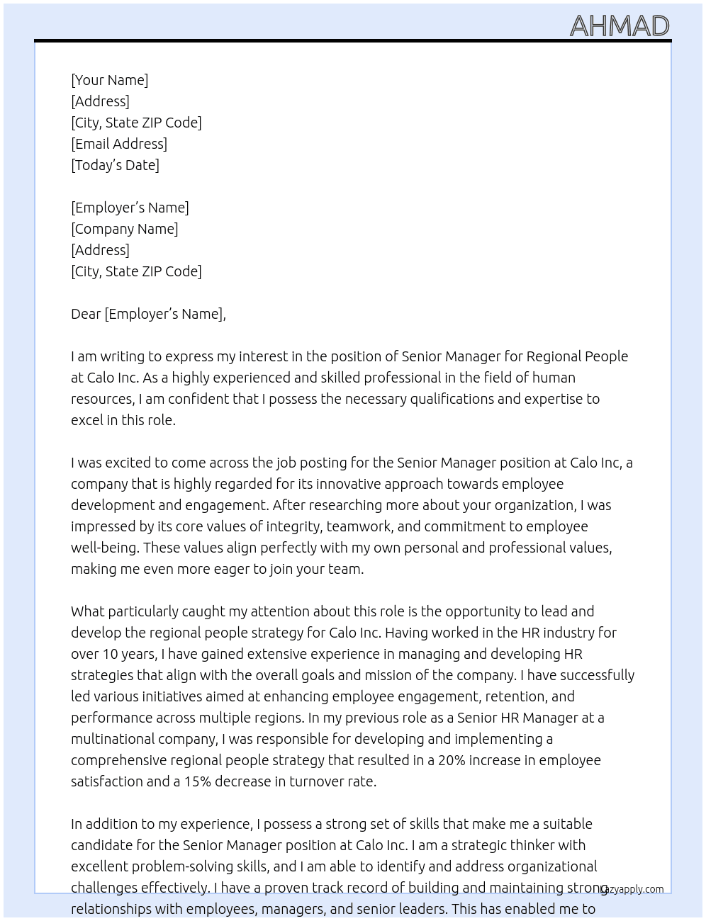 senior manager - regional people At Calo inc Cover Letter