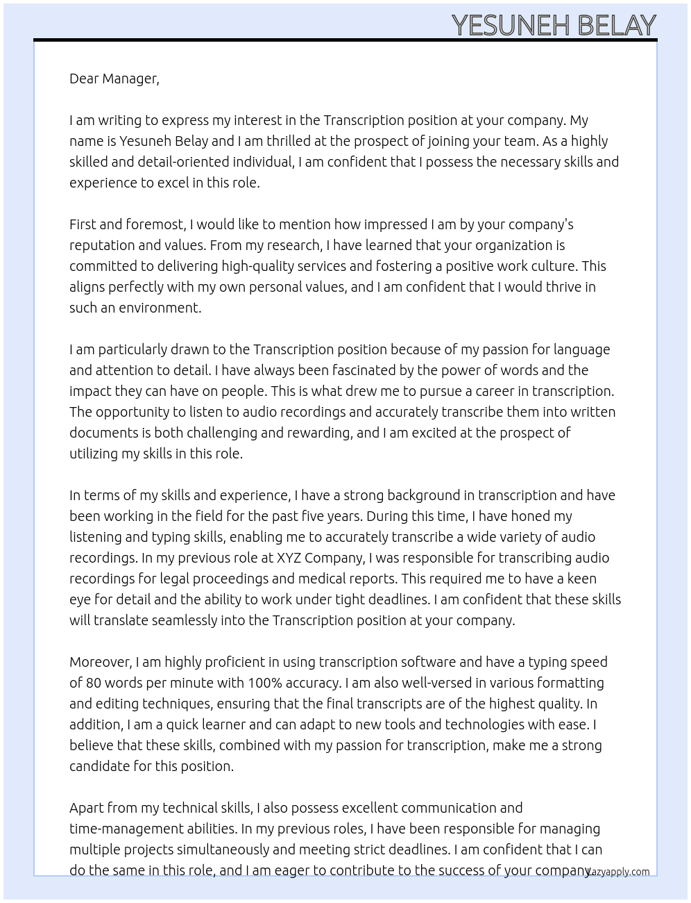 Transcription  At Unknown  Cover Letter