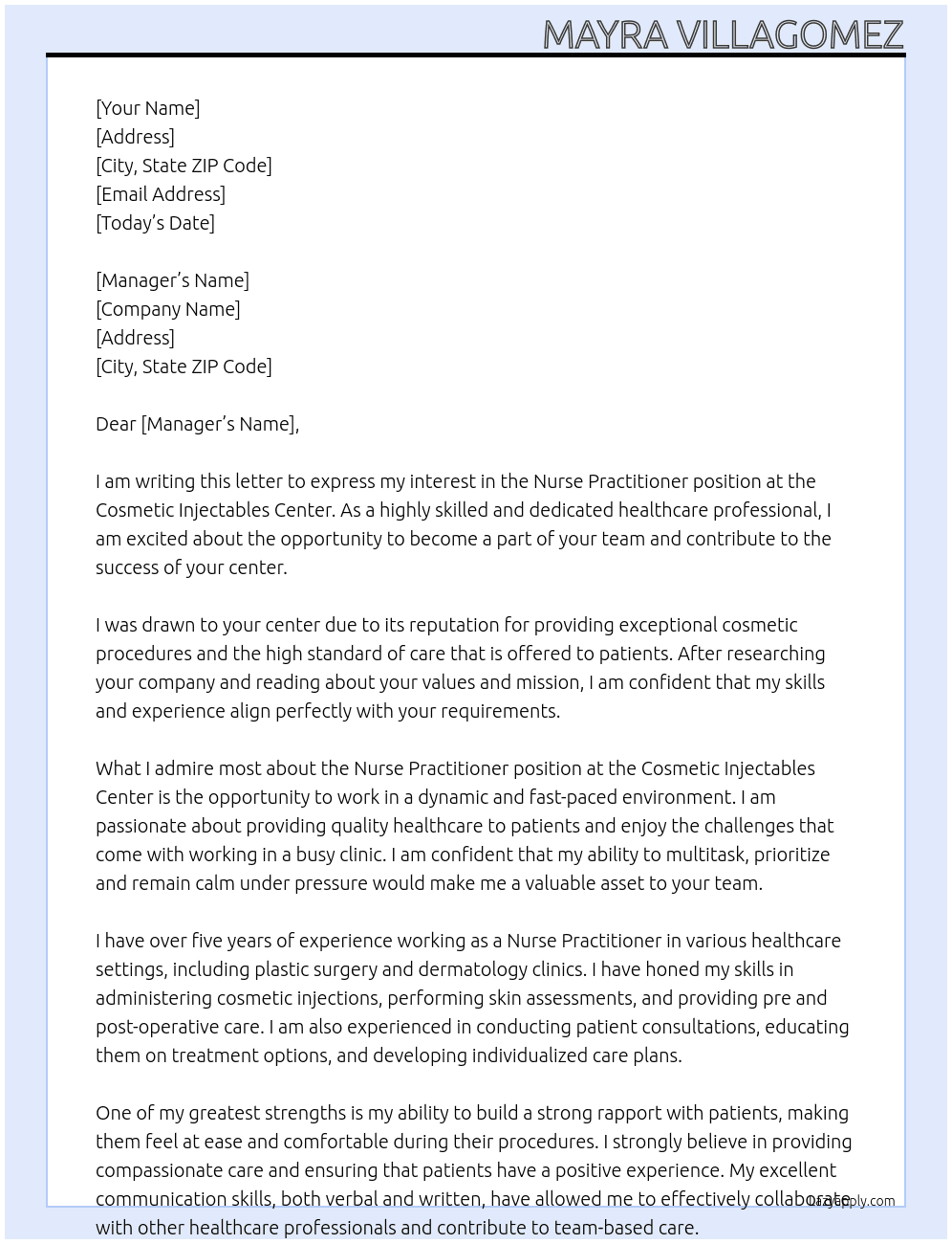 Nurse Prsctitioner  At Cosmetic Injectables Center  Cover Letter