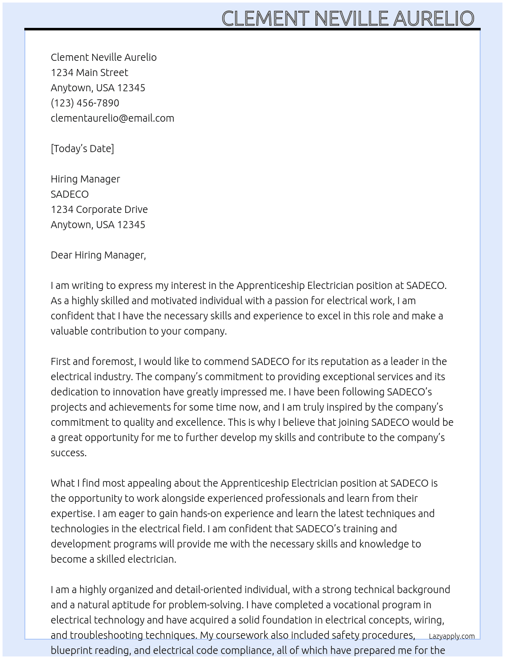 Apprenticeship Electrician At SADECO Cover Letter
