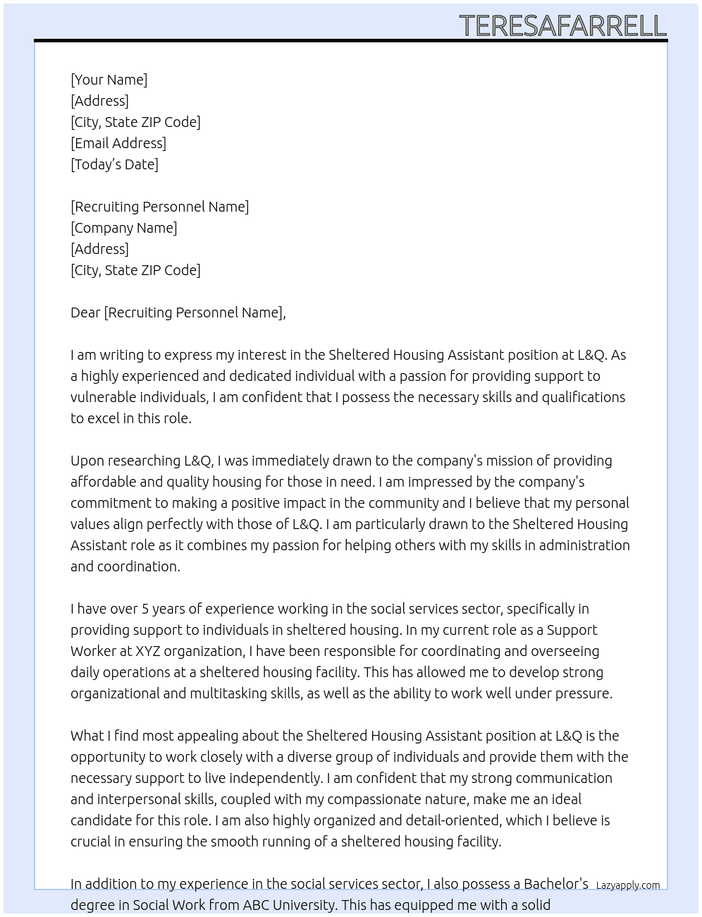 Sheltered housing assistant At L&Q Cover Letter