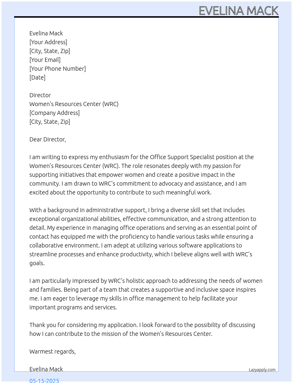 Office Support Specialist At Women's Resources Center (WRC) Cover Letter