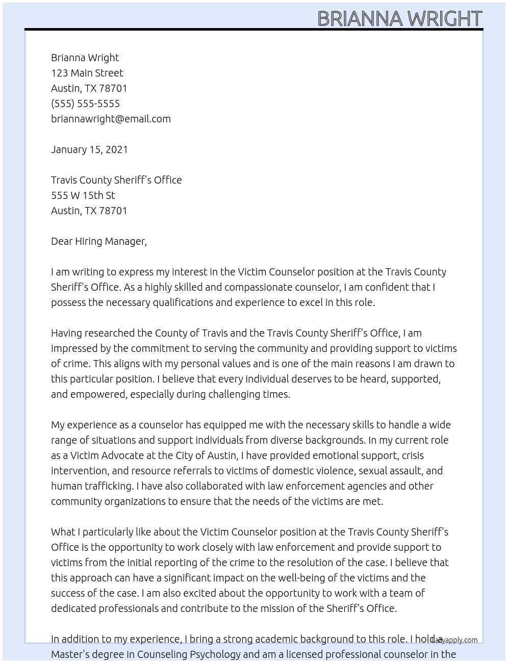Victim Counselor At County of Travis Cover Letter