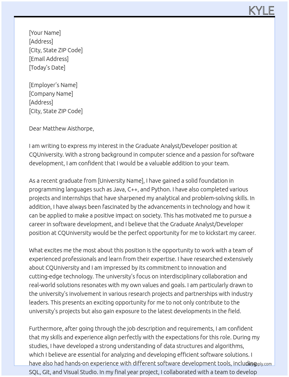 Graduate Analyst/Developer At CQUniversity Cover Letter