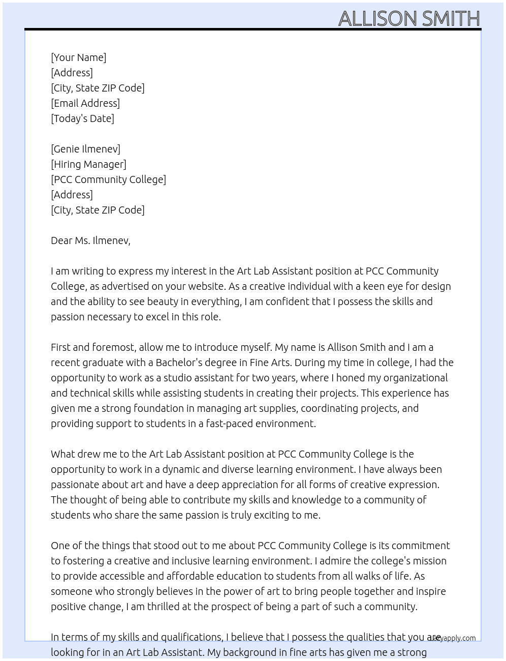 Art Lab Assistant At PCC Community College Cover Letter