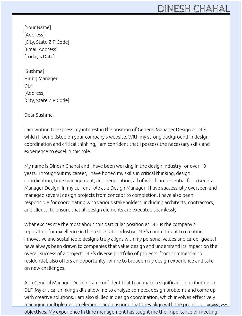 General MANGER DESIGN At dlf Cover Letter