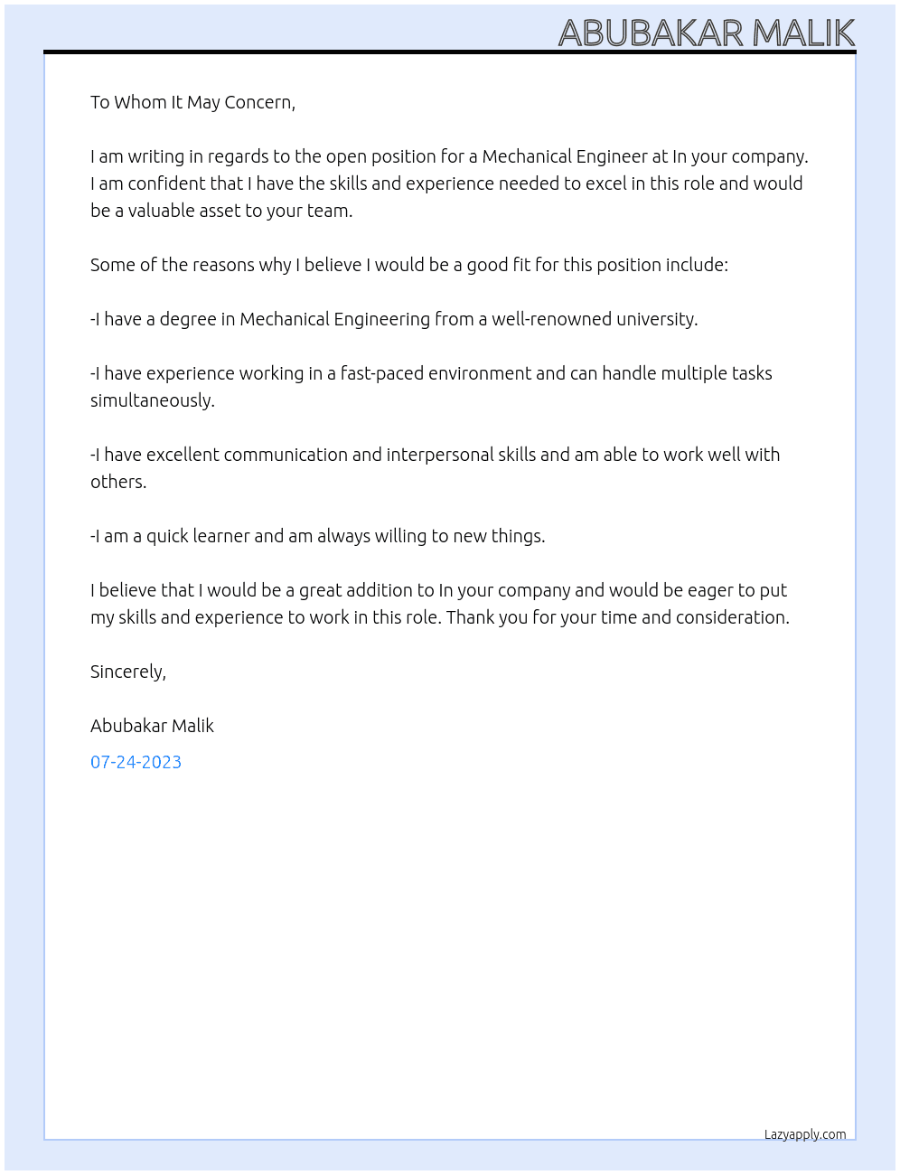 Mechanical Engineer  At In your company  Cover Letter