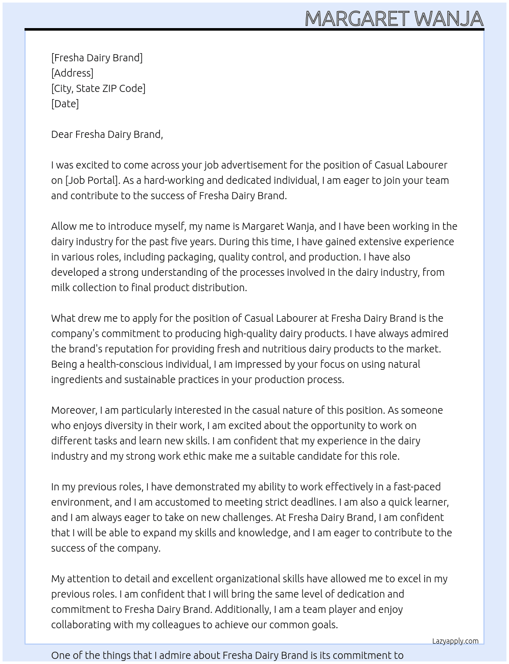 CASUAL LABOURER At MARGARET WANJA Cover Letter