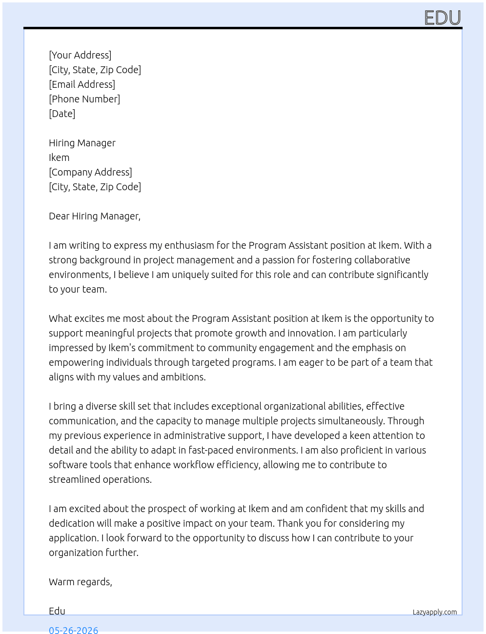 Cover letter for program assistant - LazyApply
