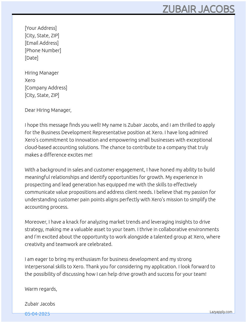 Business development representative At Xero  Cover Letter