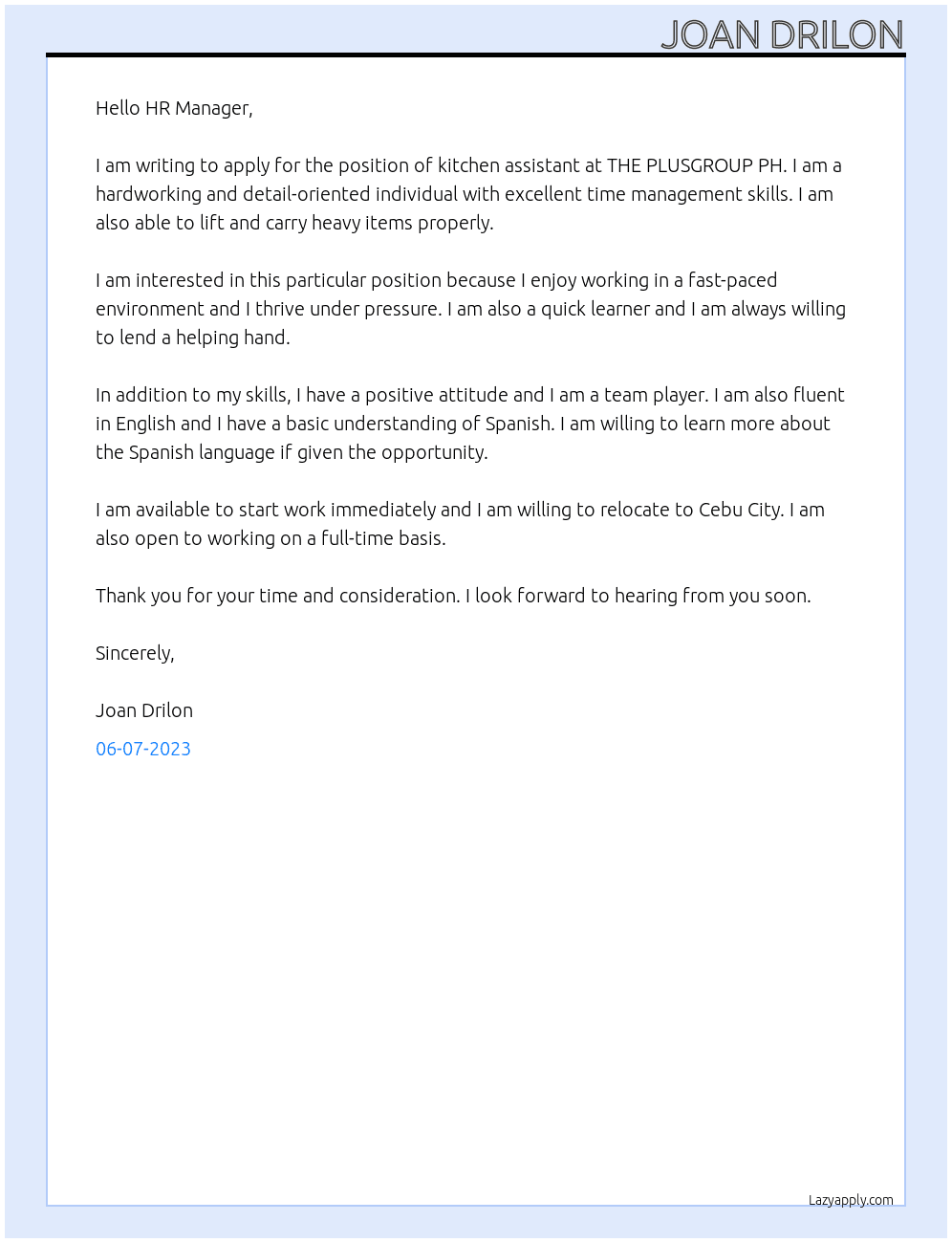 kitchen assistant At THE  PLUSGROUP PH Cover Letter