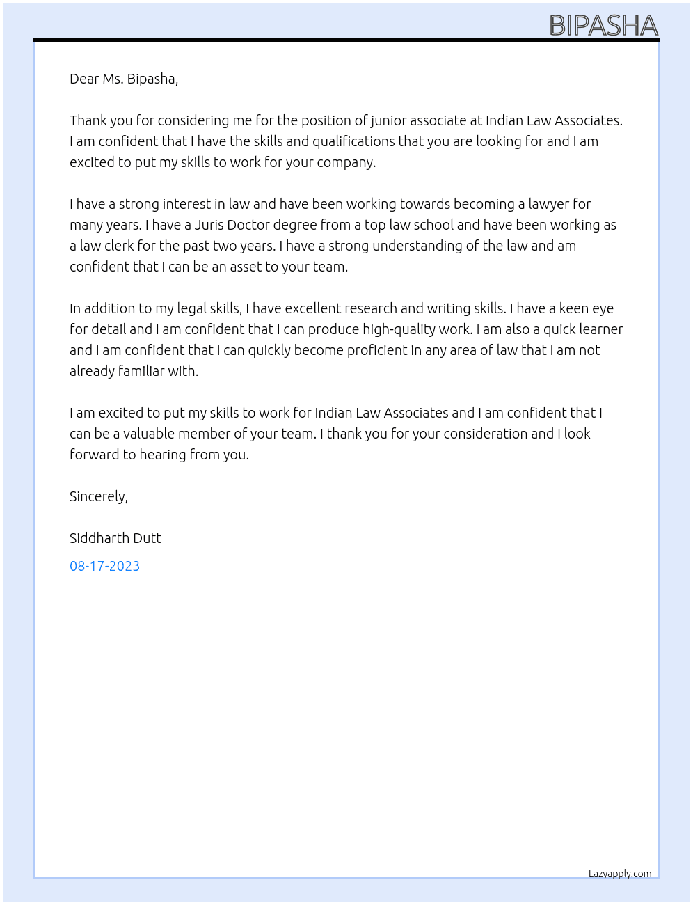 junior associate At Indian Law Associates Cover Letter