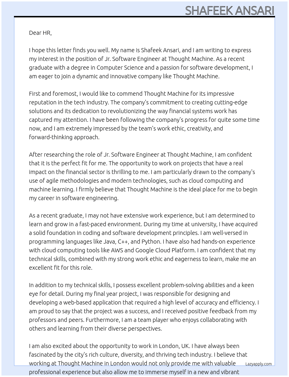 Cover letter for jr. software engineer[fresher] - LazyApply
