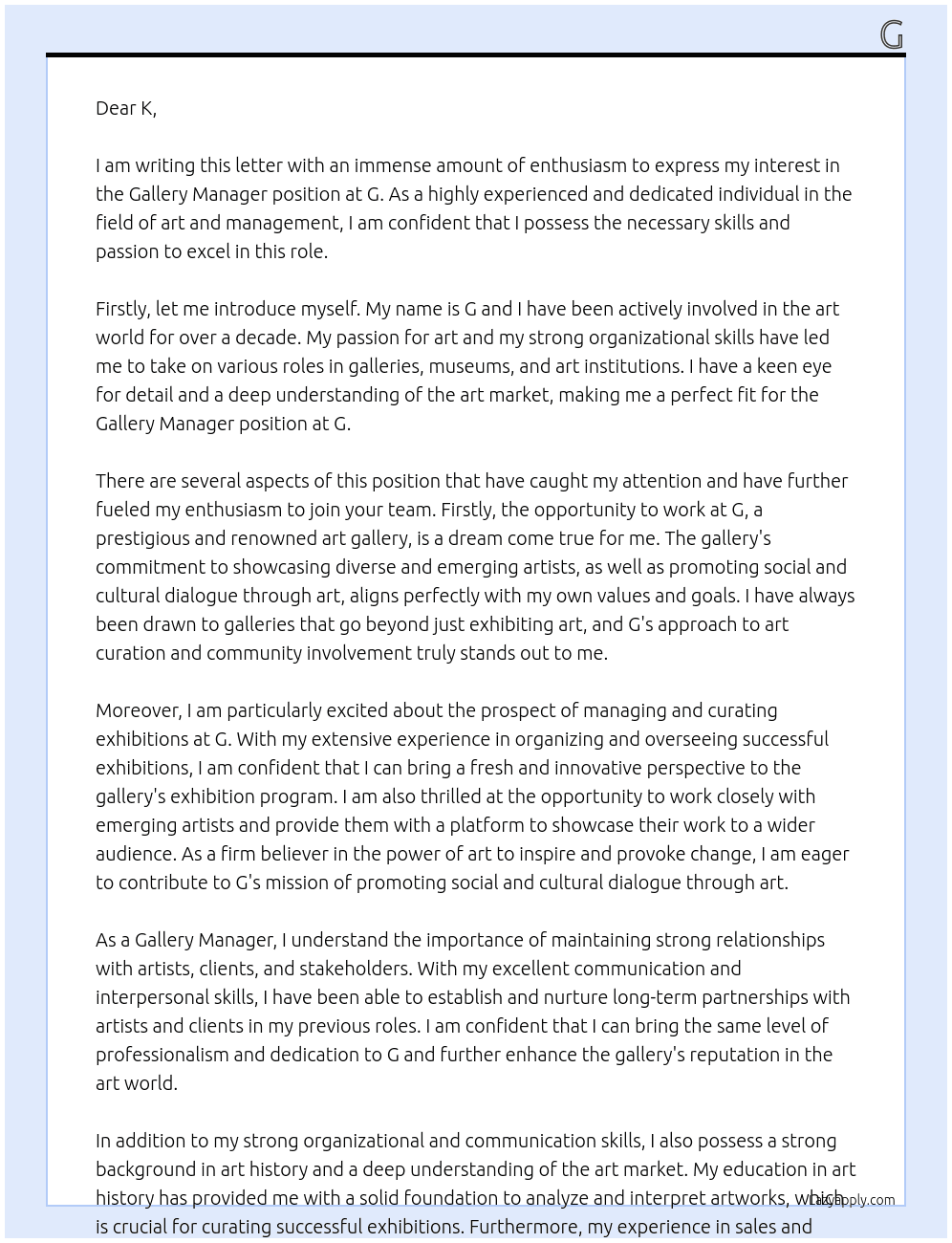 gallery manager At G Cover Letter