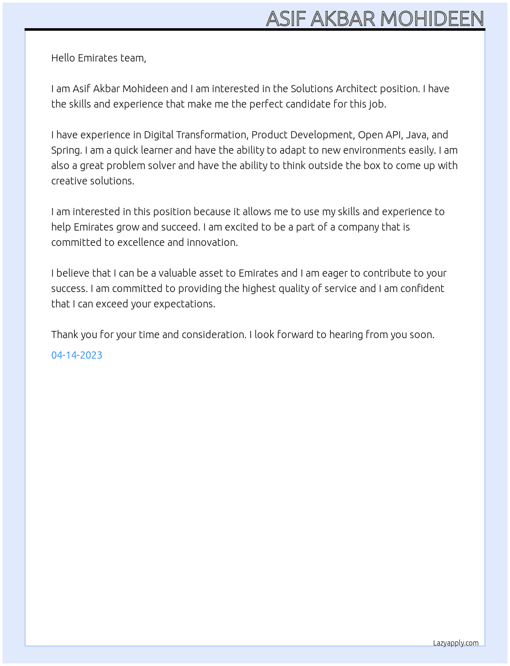Solutions Architect At Emirates Cover Letter