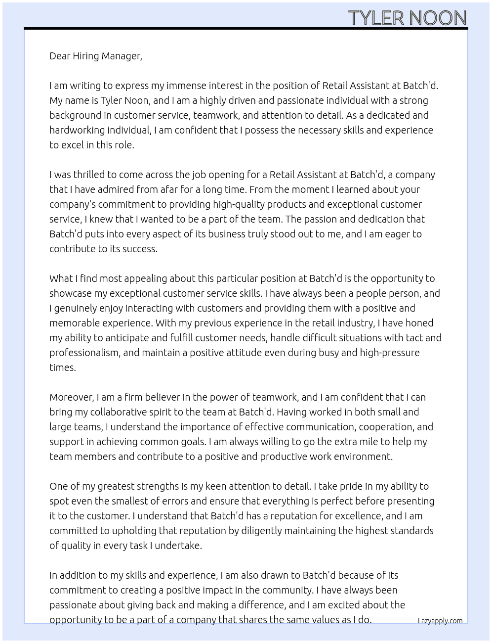 retail assistant At Batch'd Cover Letter