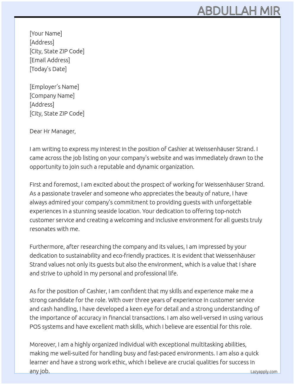 Cashier At Weissenhäuser Strand Cover Letter