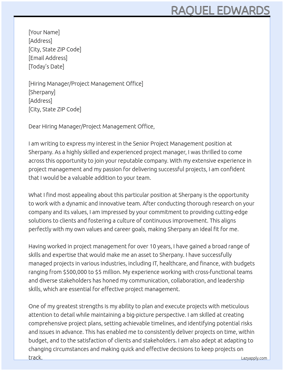 Senior Project Management  At Sherpany  Cover Letter