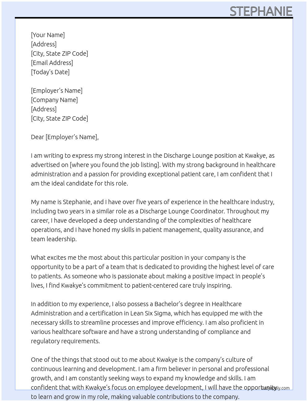 DISCHARGE LOUNGE At Kwakye Cover Letter
