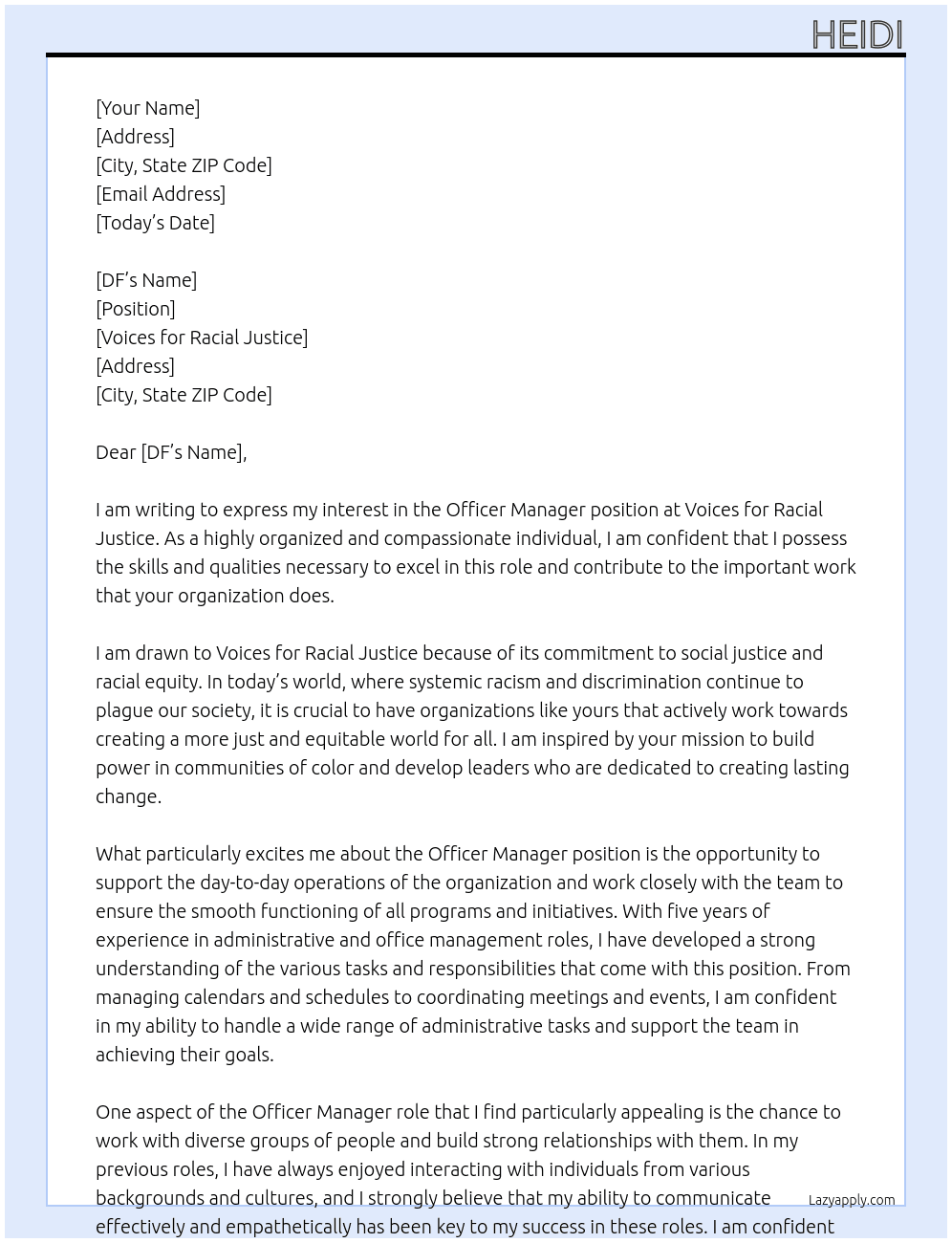 Cover letter for officer manager - LazyApply