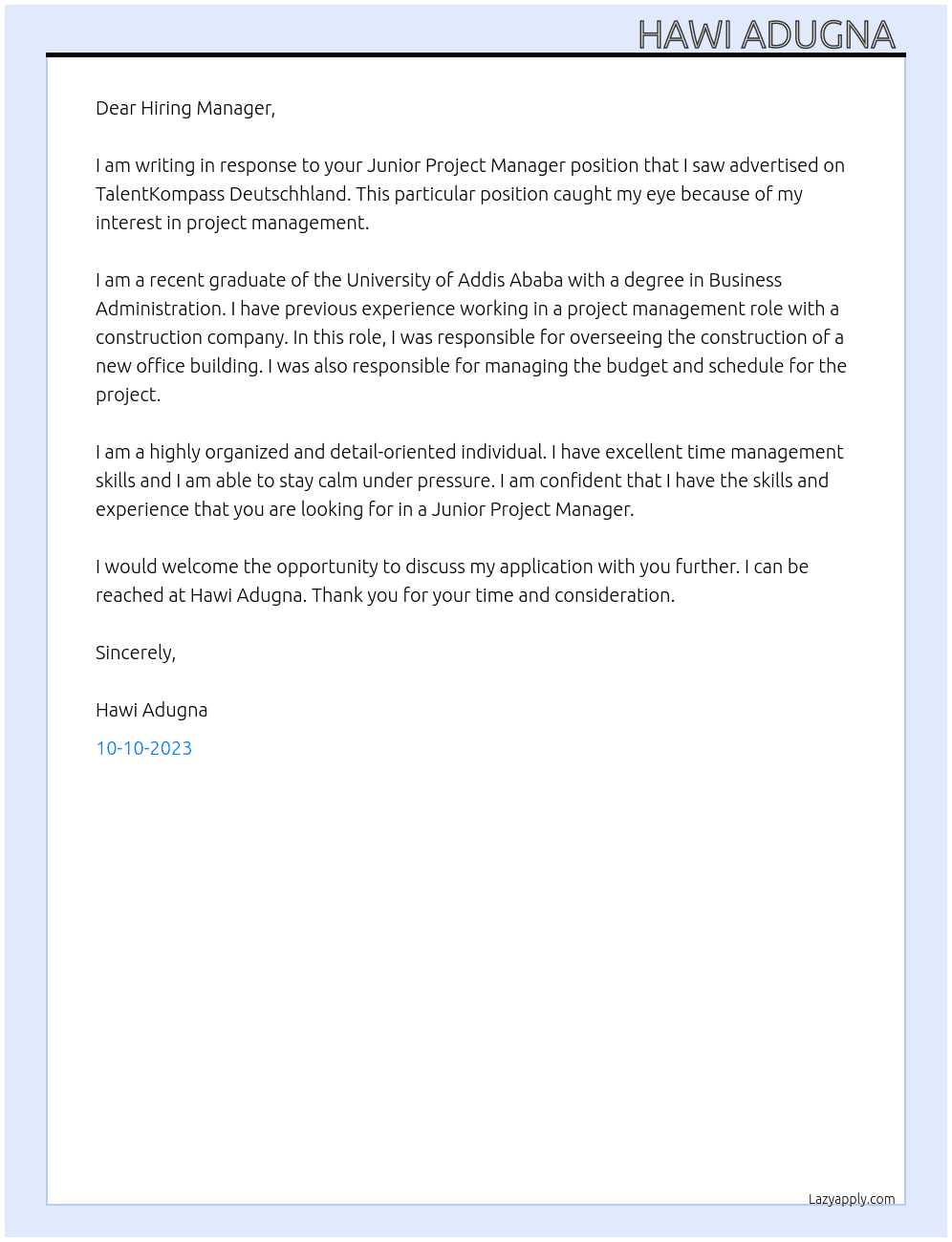 Junior project manager At TalentKompass Deutschhland Cover Letter