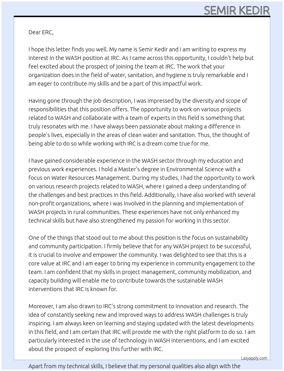 WASH At IRC Cover Letter