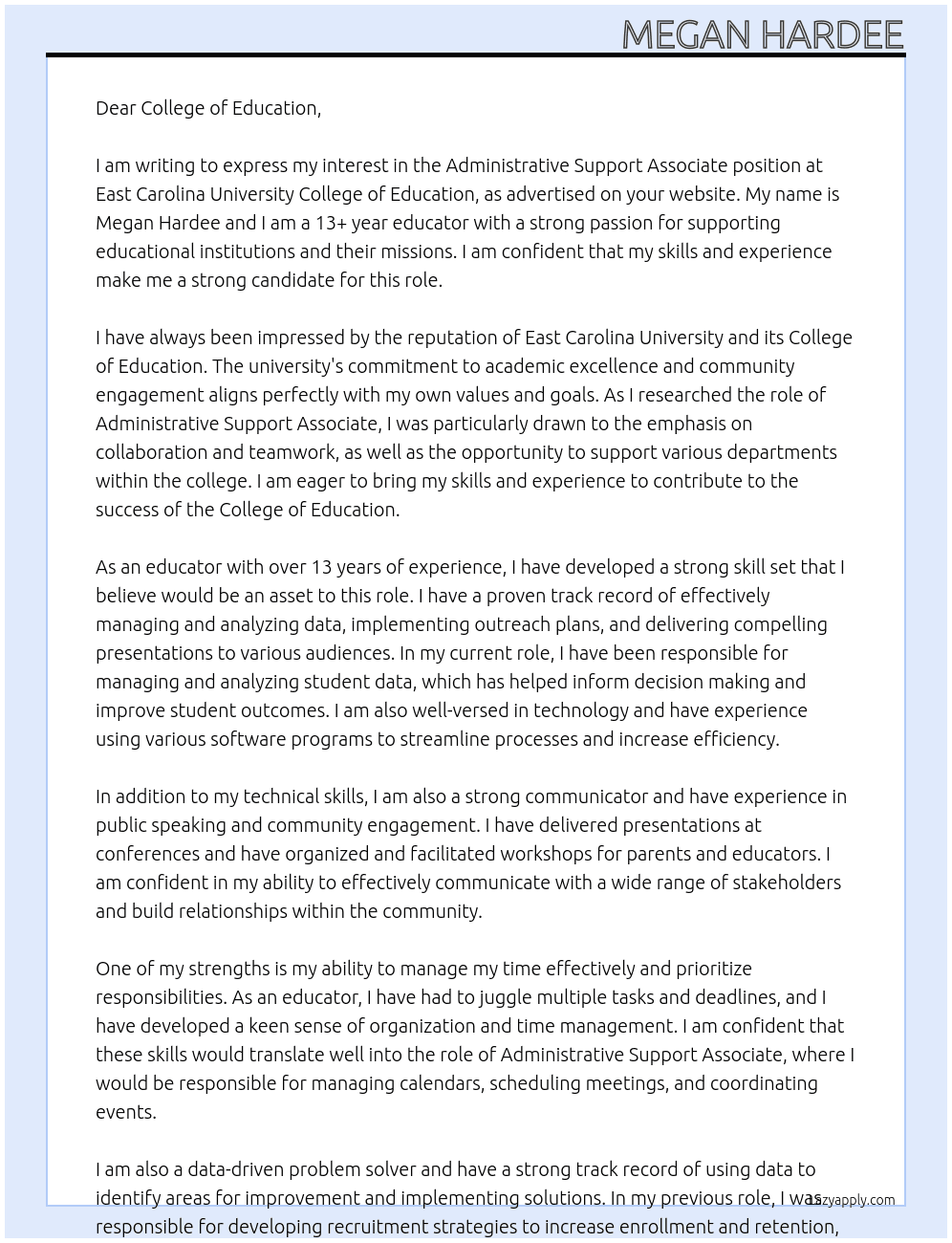 Administrative Support associate At East Carolina University College of Education Cover Letter