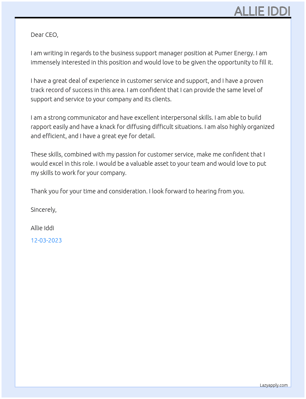 business support manager At Pumer Energy Cover Letter
