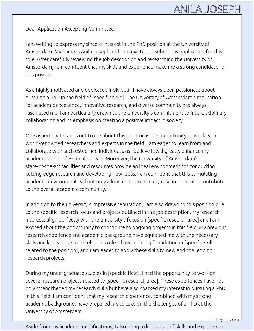 PhD application At University of Amsterdam Cover Letter