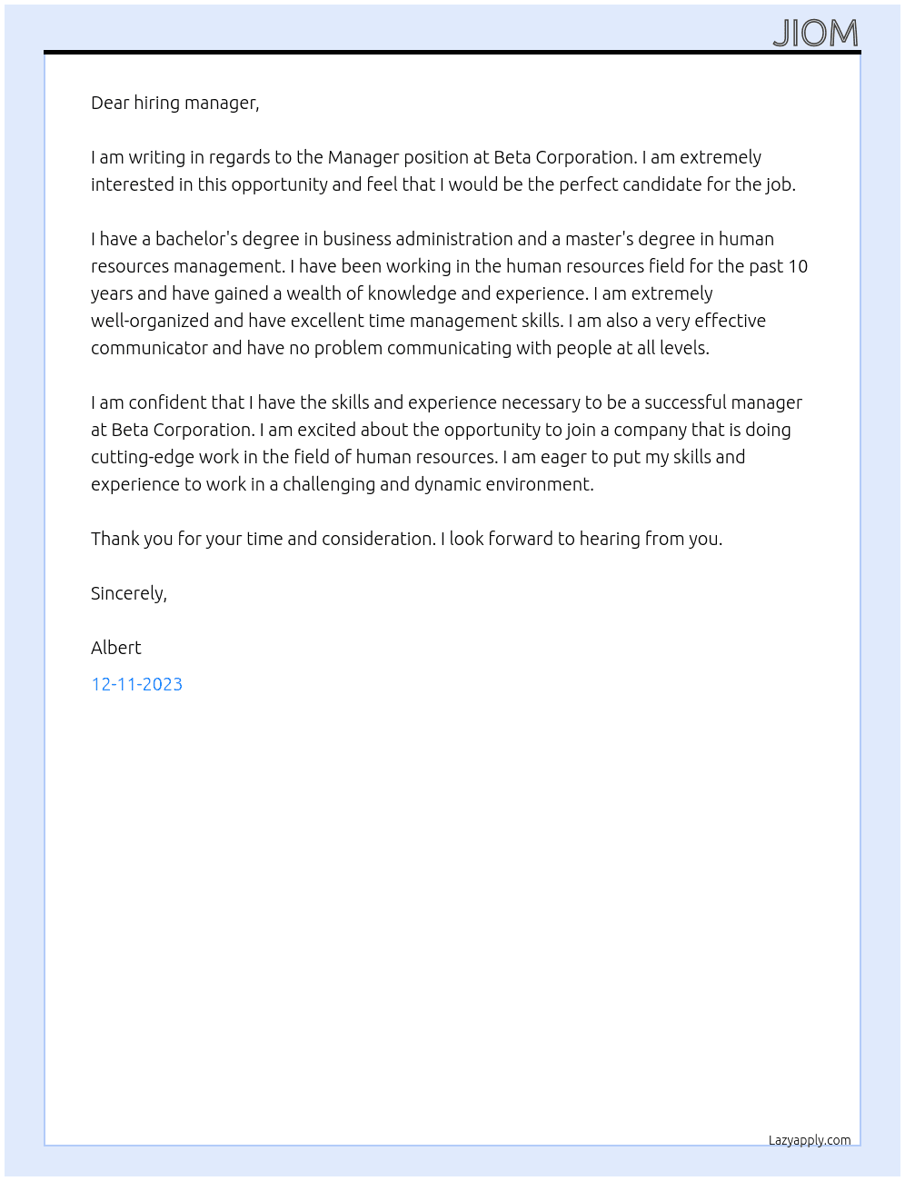 manager At beta Cover Letter