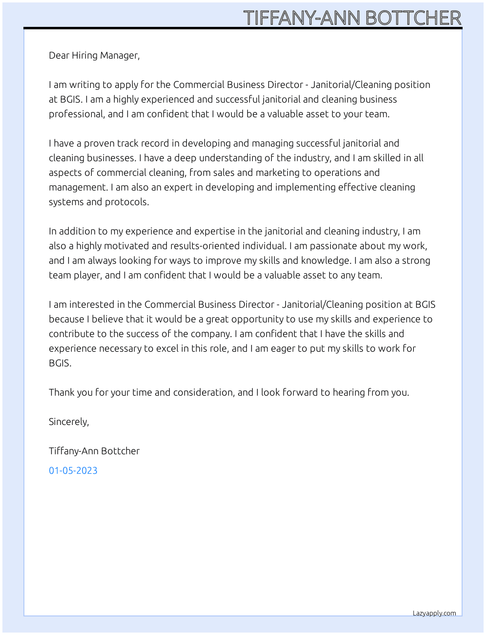 Cover letter for commercial business director - janitorial/cleaning - LazyApply