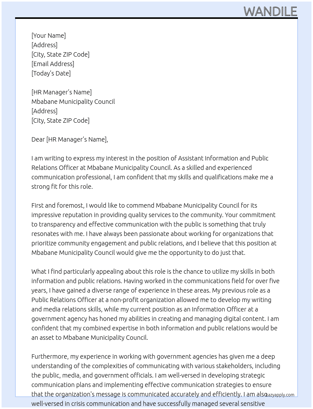 Assistant information and public relations officer At Mbabane Municipality Council Cover Letter