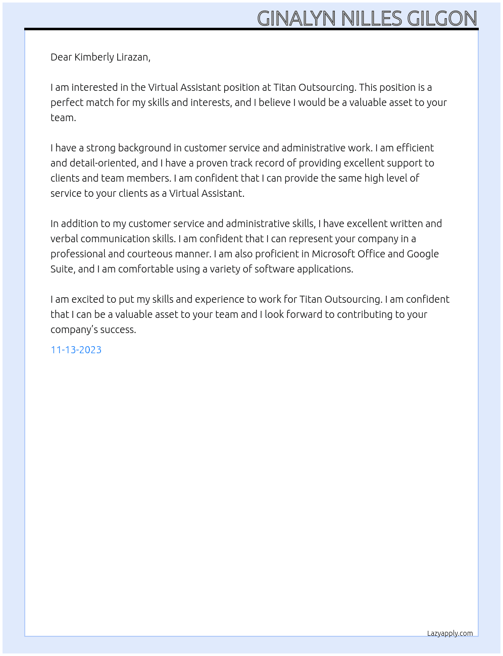 Virtual Assistant  At Titan Outsourcing Cover Letter