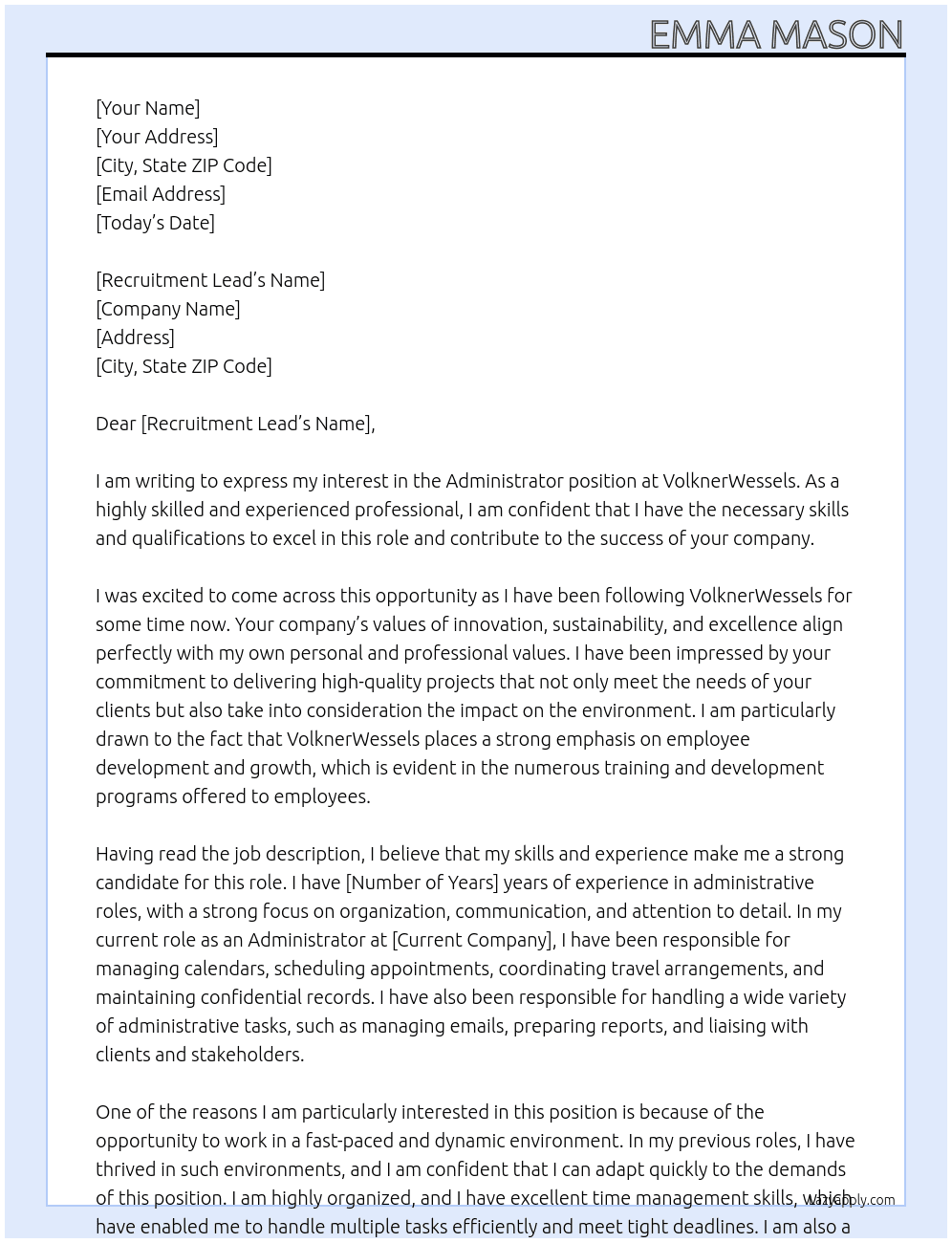 Administrator At VolknerWessels Cover Letter