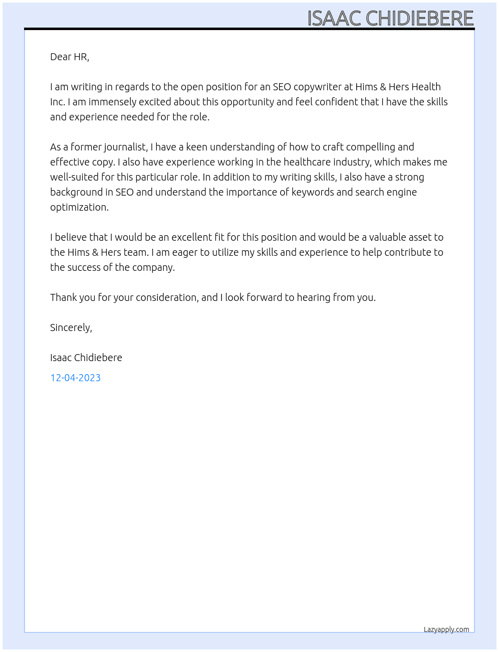 SEO copyrwiter At Hims & Hers Health Inc Cover Letter