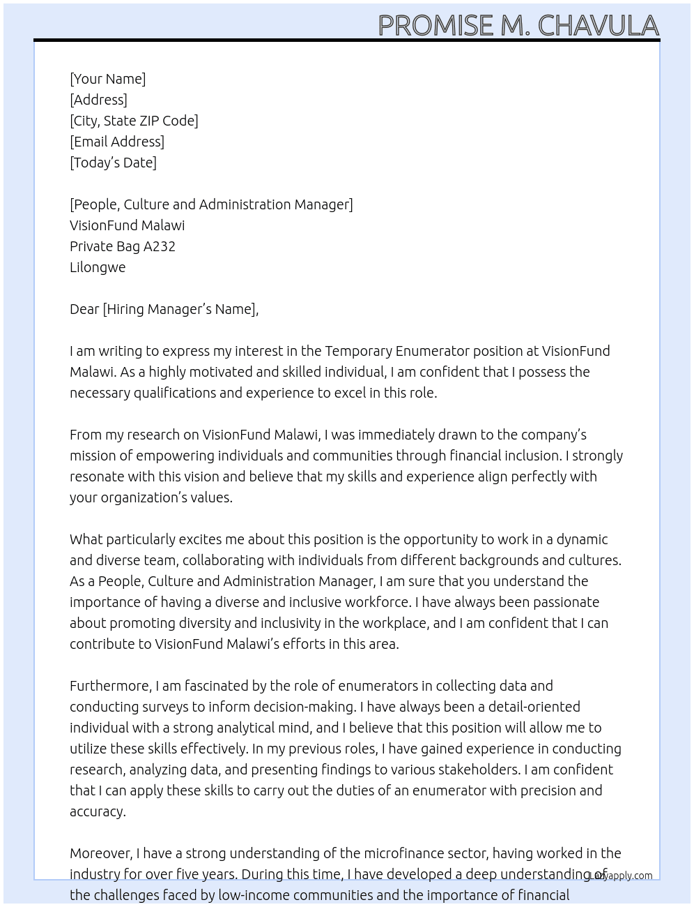 Temporary enumerator position  At VisionFund Malawi  Cover Letter