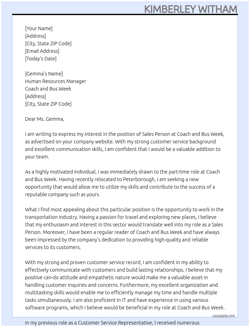 Sales Person  At Coach and Bus Week Cover Letter