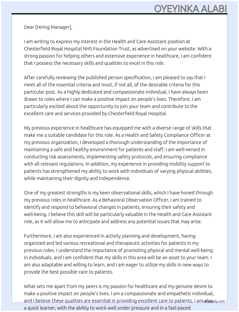 Health and Care Assistant At Chesterfield Royal Hospital NHS Foundation Trust Cover Letter