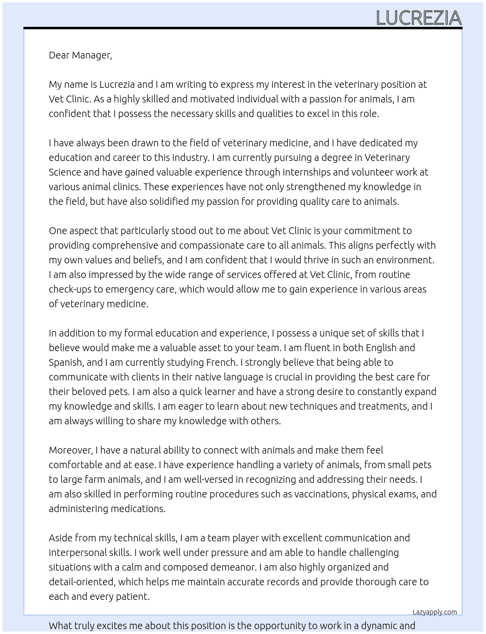 veterinary At Vet clinic Cover Letter