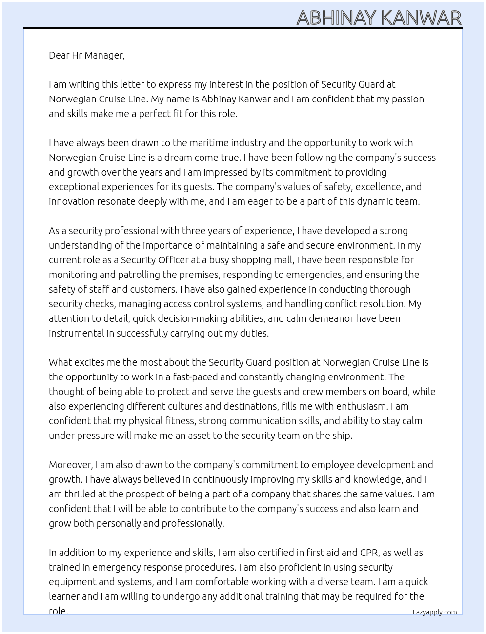 Security guarf At Norwegian cruise line  Cover Letter