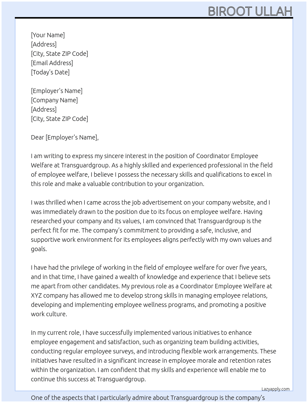 Coordinator Employee Welfare At Transguardgroup Cover Letter
