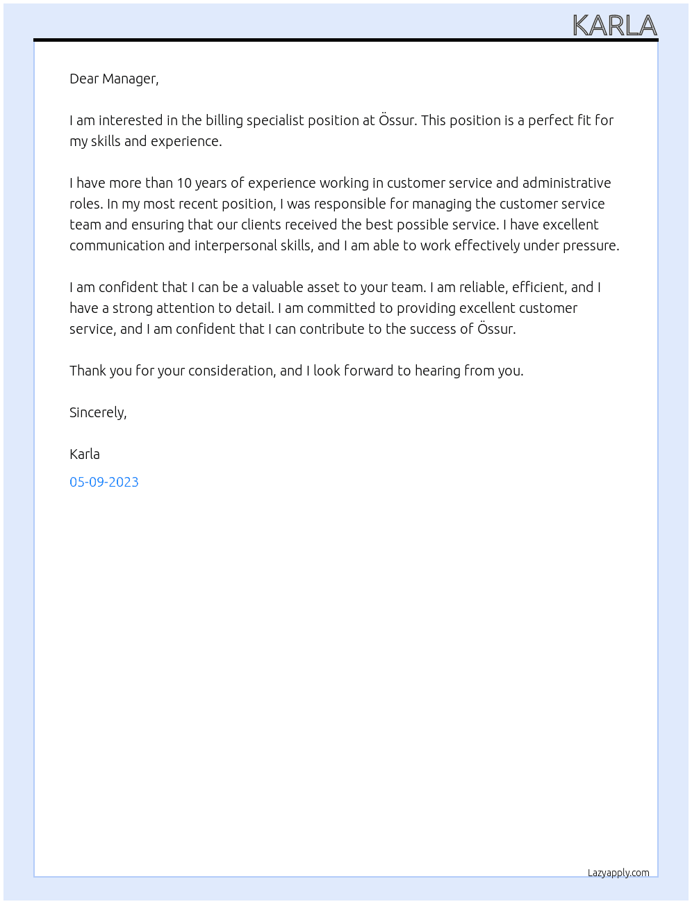 Billing specialist At Össur Cover Letter