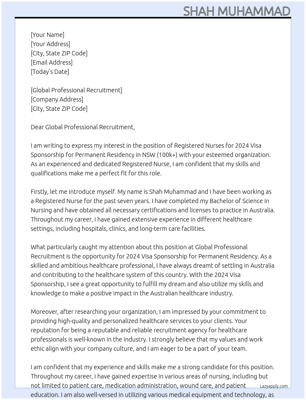 Registered Nurses 2024 Visa Sponsorship for Permanent Residency NSW (100k+) At Global Professional Recruitment Cover Letter