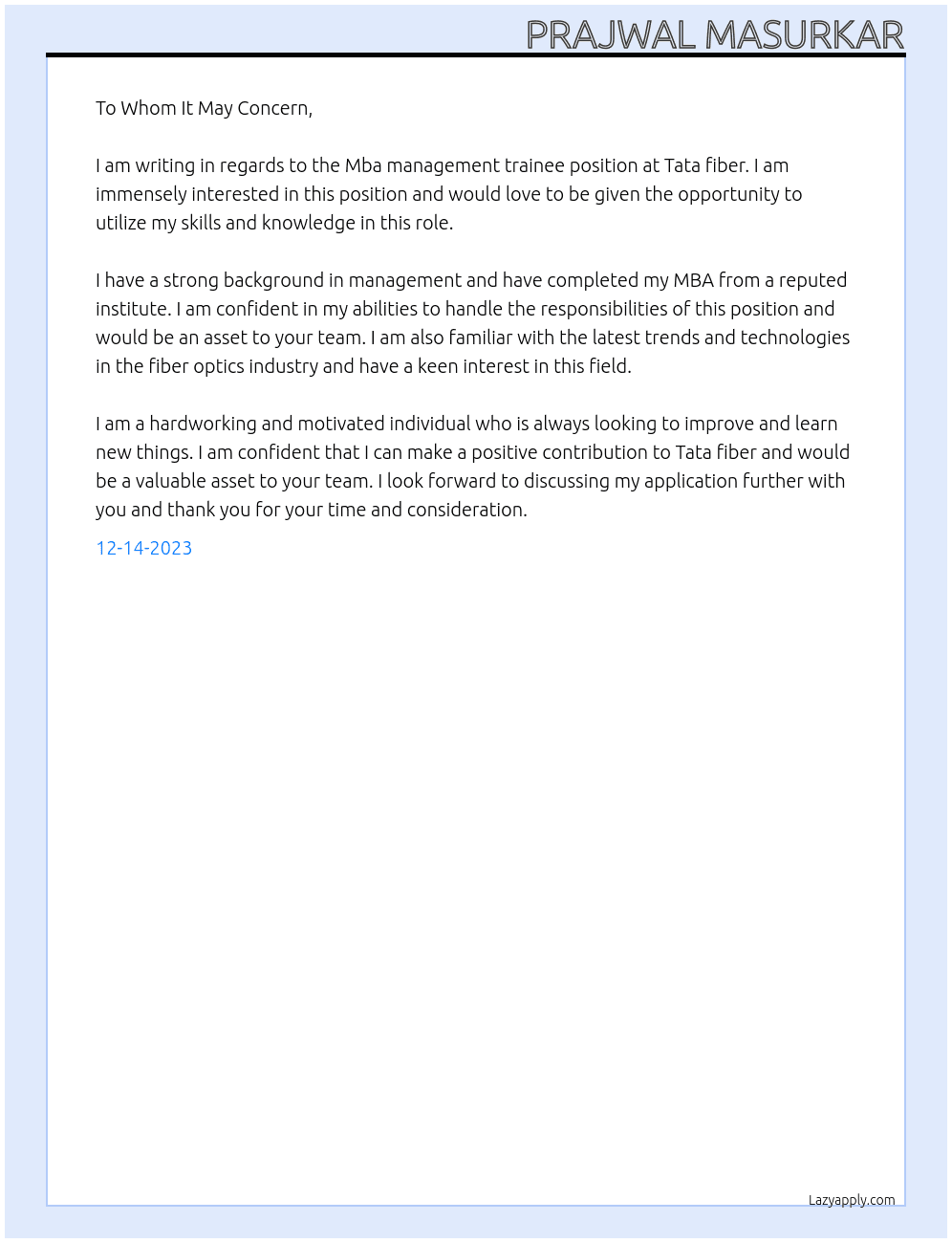 Mba management trainee At Tata fiber Cover Letter