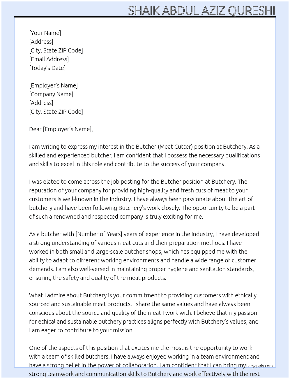 Butcher(Meat Cutter) At Butchery Cover Letter