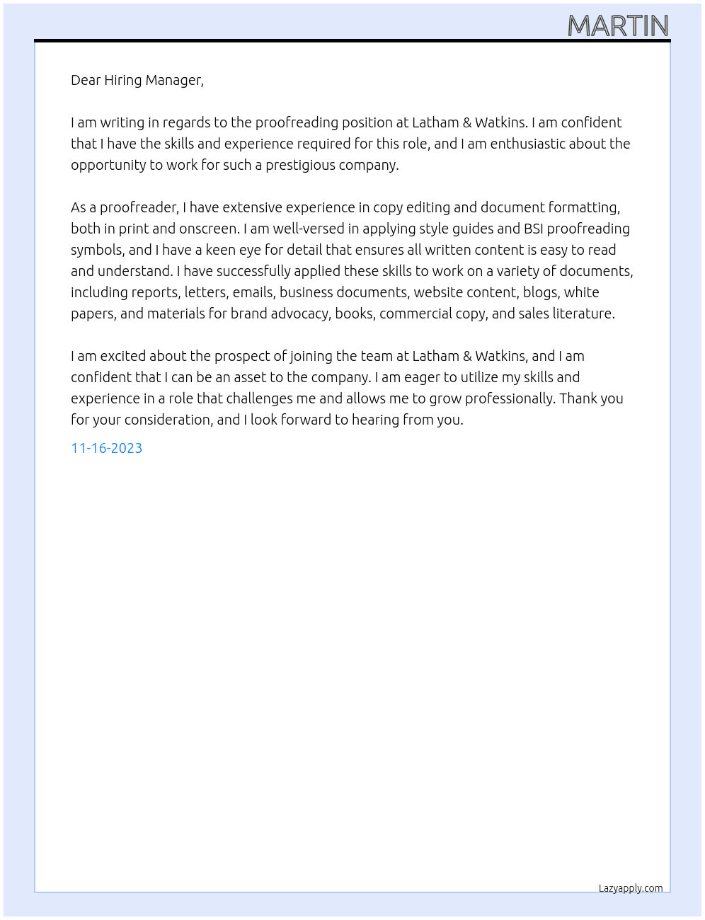 Proofreader At Latham & Watkins Cover Letter
