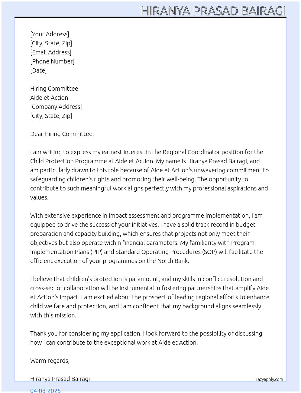 Cover letter for regional coordinator child protection programme - LazyApply