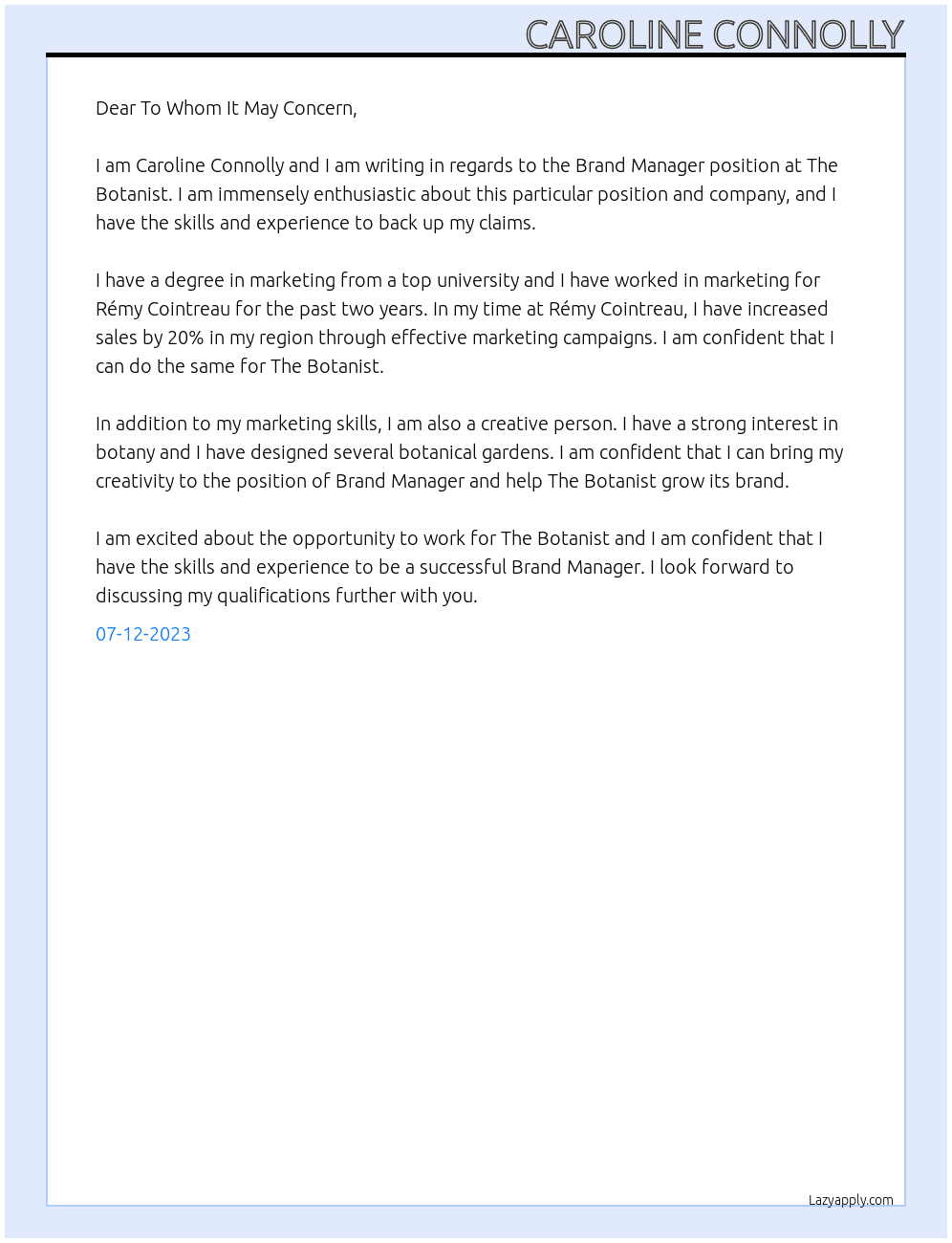 Brand Manager, The Botanist At Rémy Cointreau Cover Letter